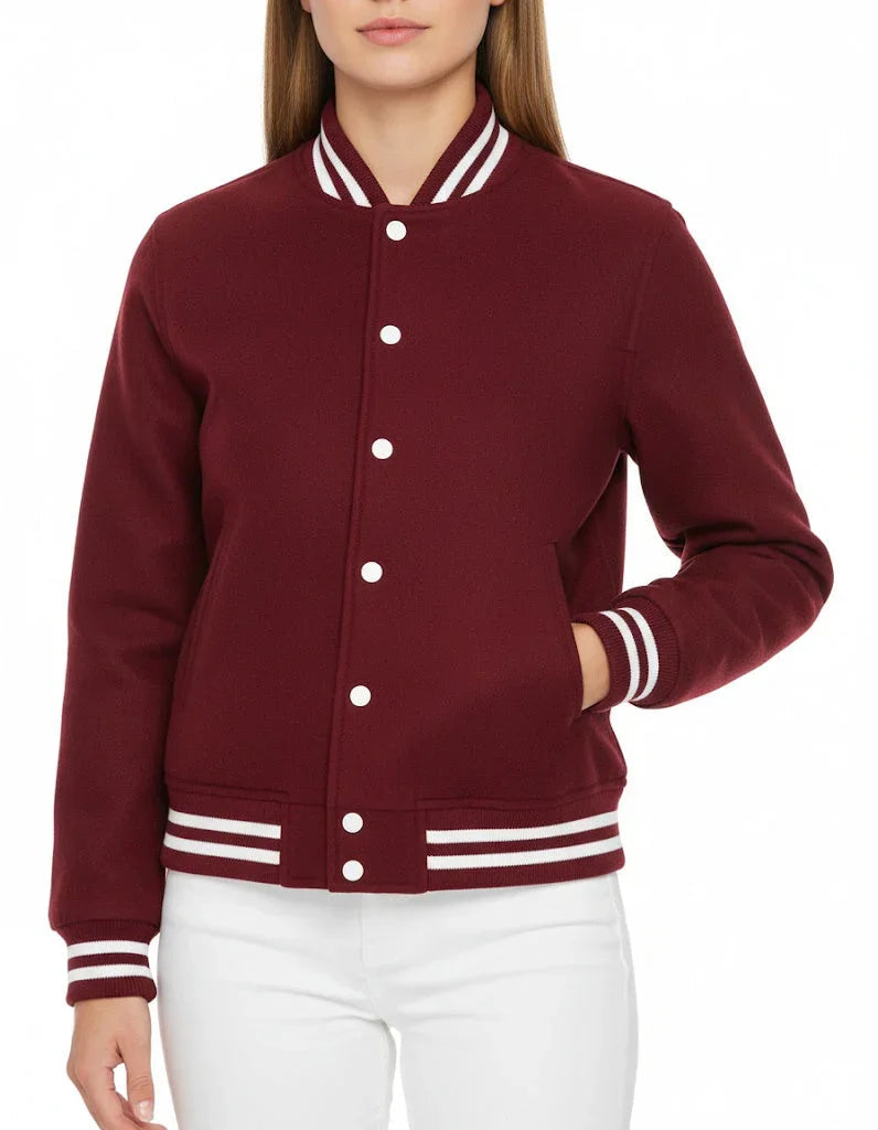 All Wool Women's Varsity Bomber Letterman Maroon Jacket