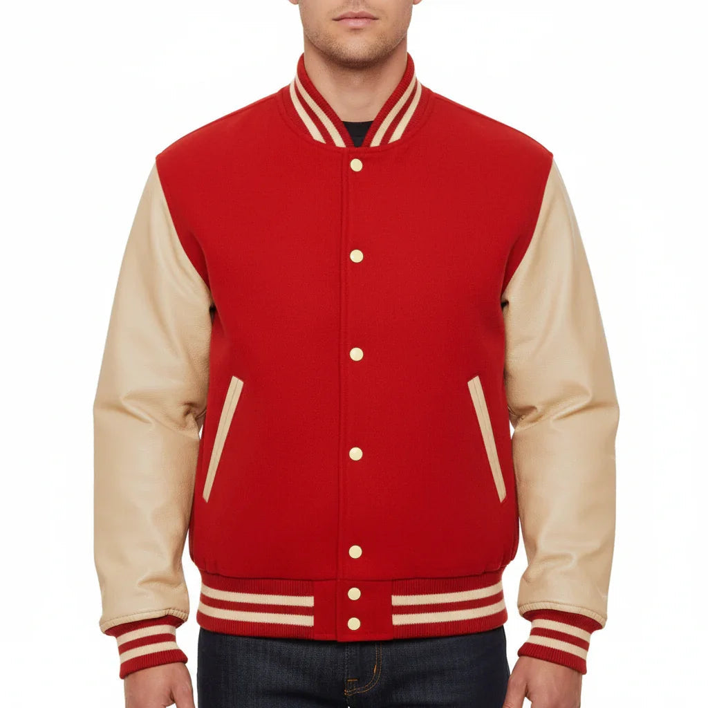 Varsity Bomber Letterman Red Wool & Cream Real Leather Sleeves Jacket