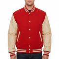 Varsity Bomber Letterman Red Wool & Cream Real Leather Sleeves Jacket