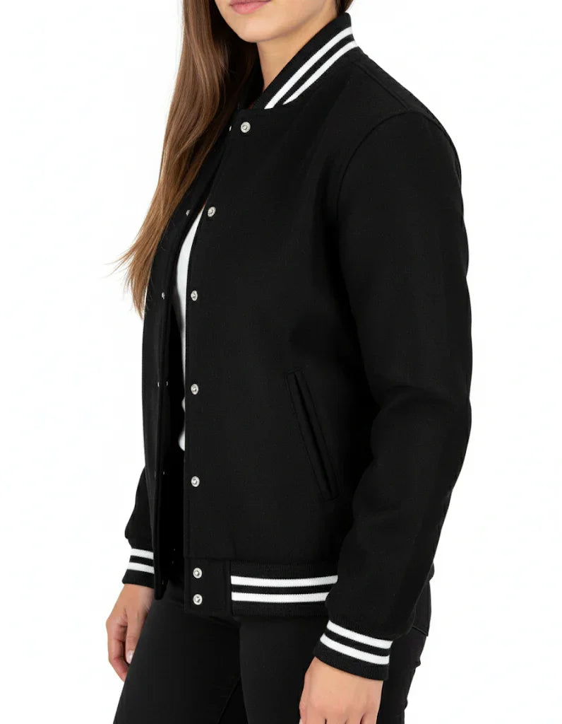 All Wool Women's Varsity Bomber Letterman Black Jacket