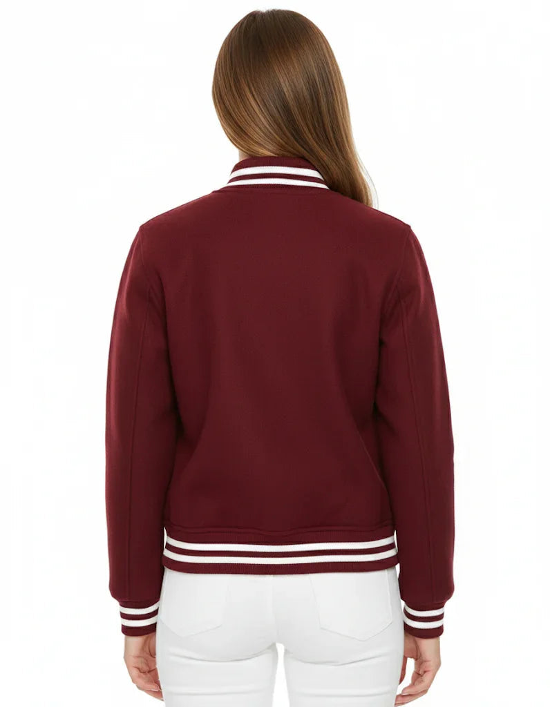 All Wool Women's Varsity Bomber Letterman Maroon Jacket