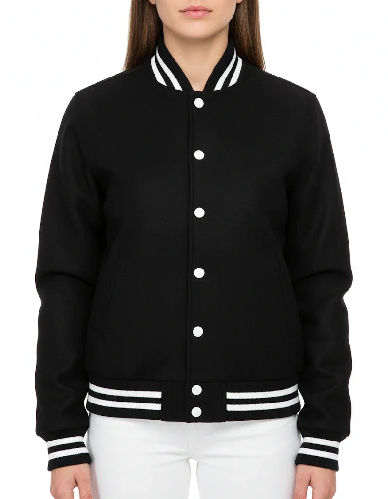 All Wool Women's Varsity Bomber Letterman Black Jacket