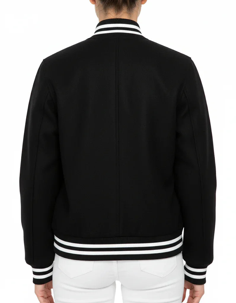 All Wool Varsity Bomber Letterman Black With White Trims Jacket