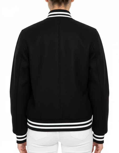 All Wool Varsity Bomber Letterman Black With White Trims Jacket