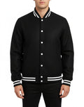 All Wool Varsity Bomber Letterman Black With White Trims Jacket