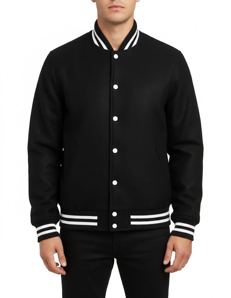 All Wool Varsity Bomber Letterman Black With White Trims Jacket