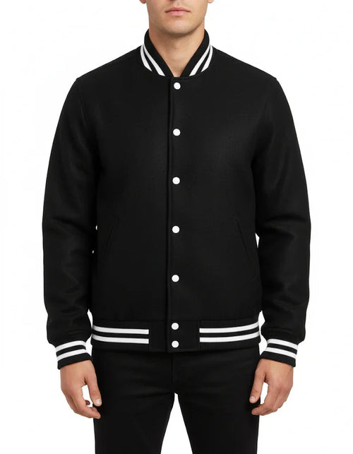 All Wool Varsity Bomber Letterman Black With White Trims Jacket