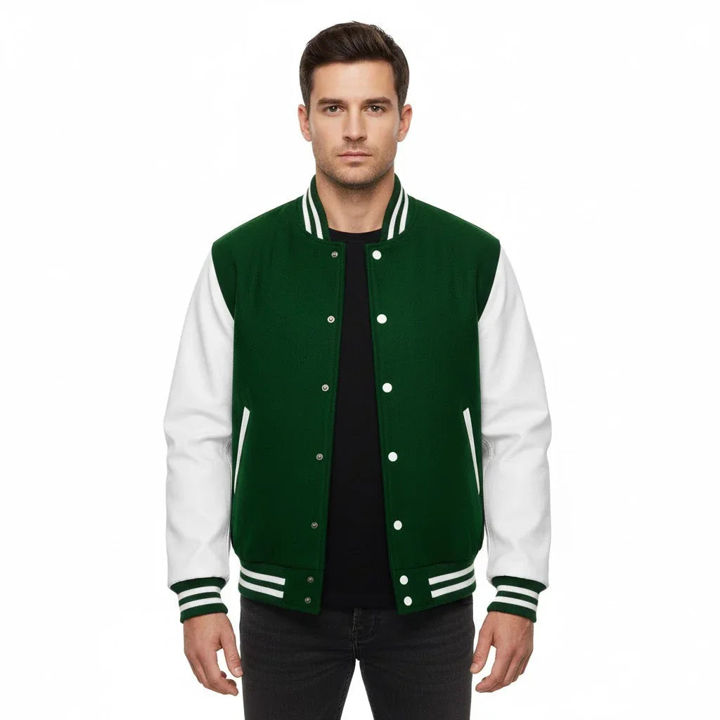 Varsity Bomber Letterman Forest Green Wool & White Real Leather Sleeves Jacket