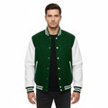 Varsity Bomber Letterman Forest Green Wool & White Real Leather Sleeves Jacket