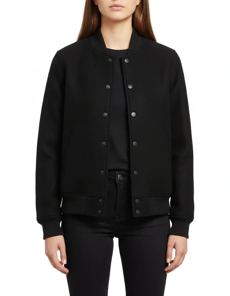 All Wool Women's Varsity Bomber Letterman Solid Black Jacket