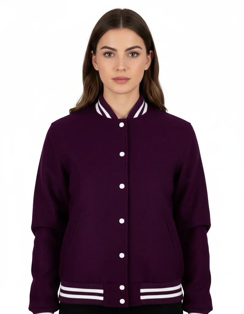 All Wool Women's Varsity Bomber Letterman Purple Jacket