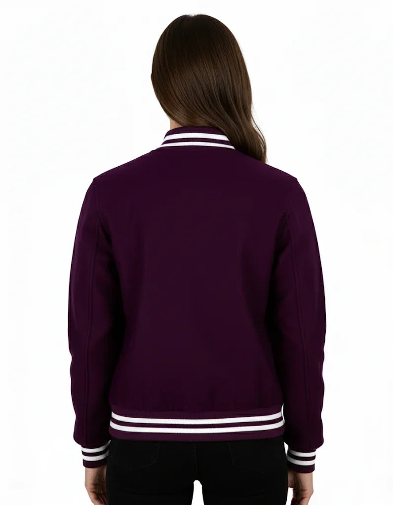 All Wool Women's Varsity Bomber Letterman Purple Jacket
