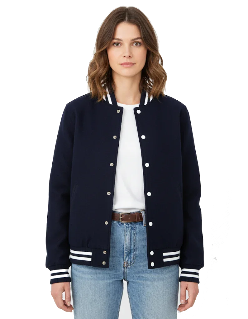 All Wool Women's Varsity Bomber Letterman Navy Jacket