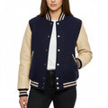 Women's Varsity Bomber Letterman Navy Wool & Cream Real Leather Sleeves Jacket