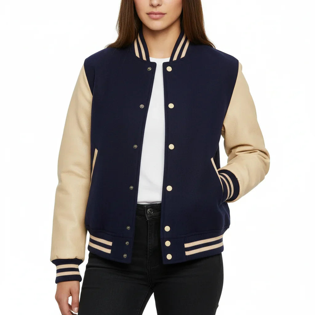 Women's Varsity Bomber Letterman Navy Wool & Cream Real Leather Sleeves Jacket