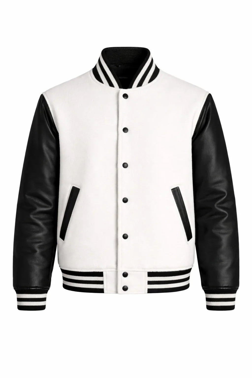 White Body Black Sleeve Varsity Jacket – Classic Streetwear Letterman Jacket for Men & Women