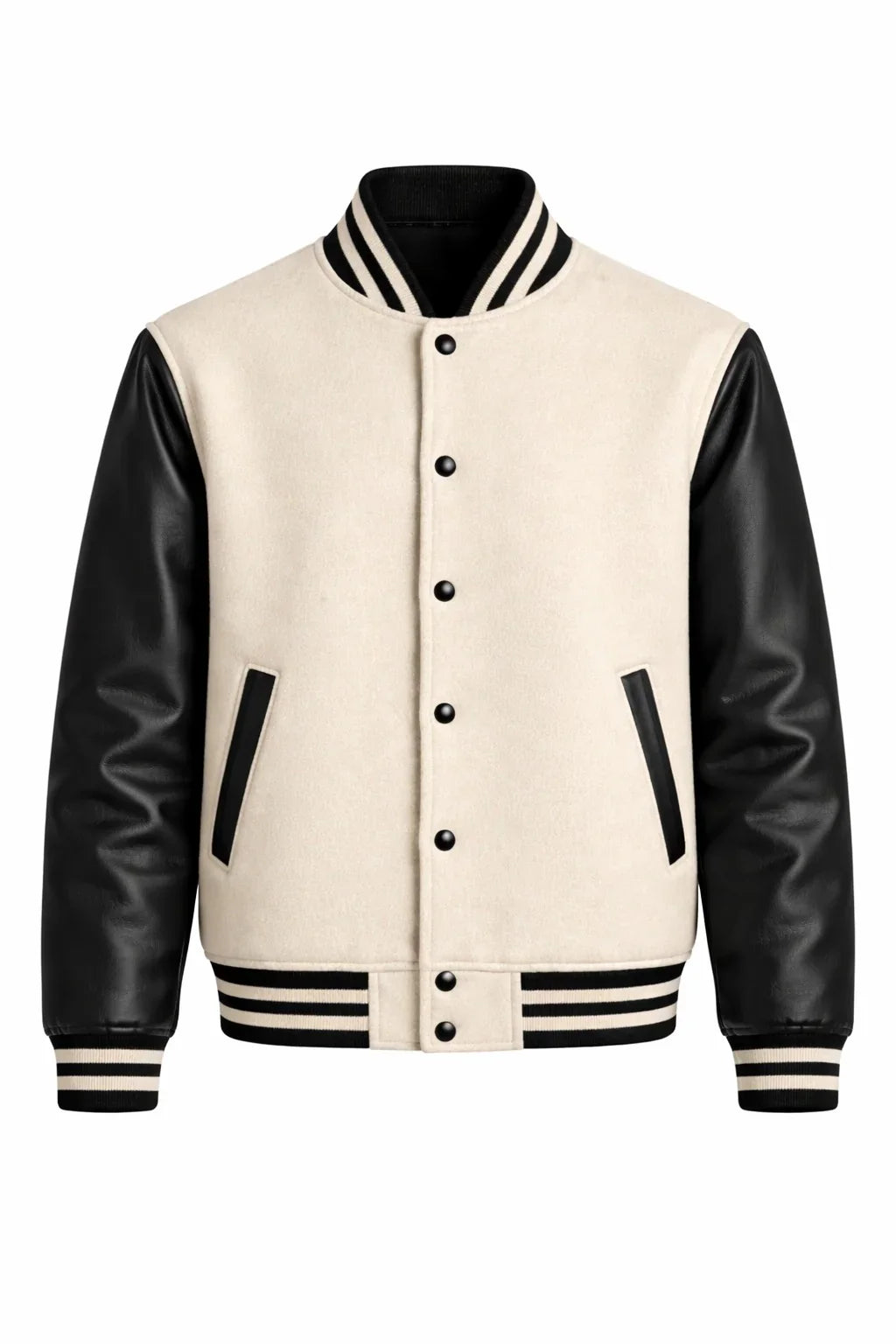 Cream Body Black Sleeve Varsity Jacket – Classic Custom Letterman Jacket for Men & Women