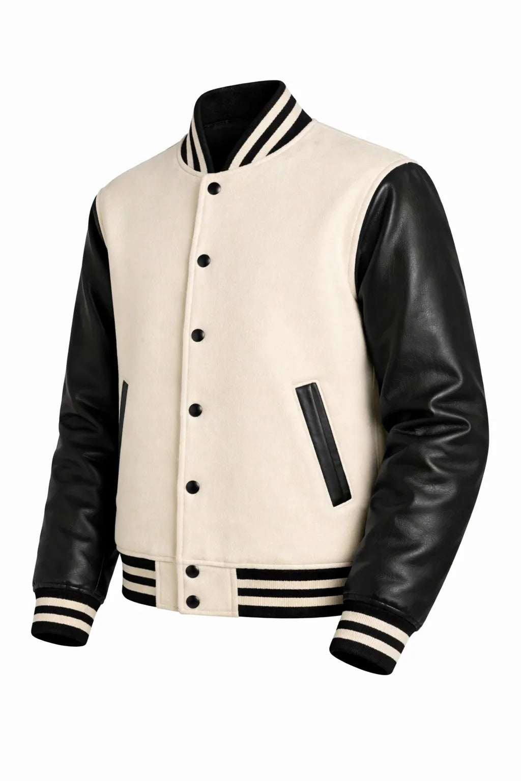 Cream Body Black Sleeve Varsity Jacket – Classic Custom Letterman Jacket for Men & Women