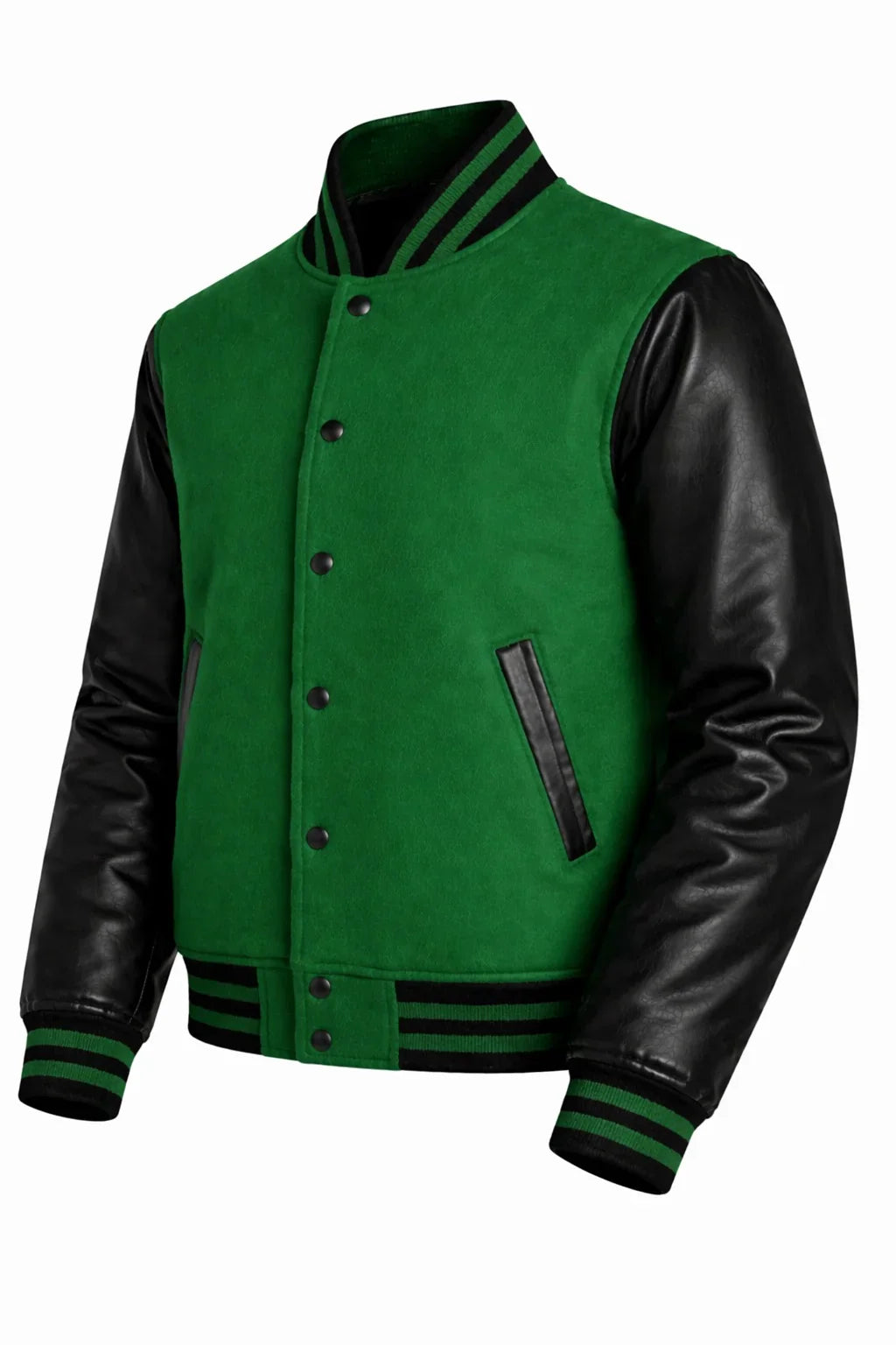 Green Body Black Sleeve Varsity Jacket – Custom Letterman Streetwear Jacket for Men & Women