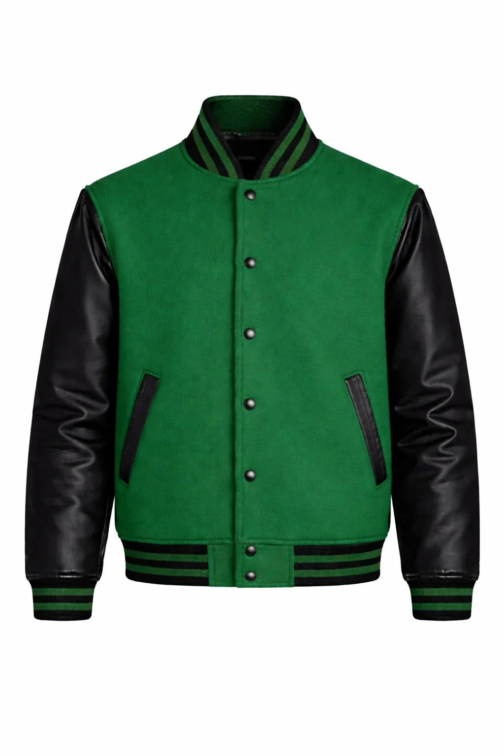 Green Body Black Sleeve Varsity Jacket – Custom Letterman Streetwear Jacket for Men & Women