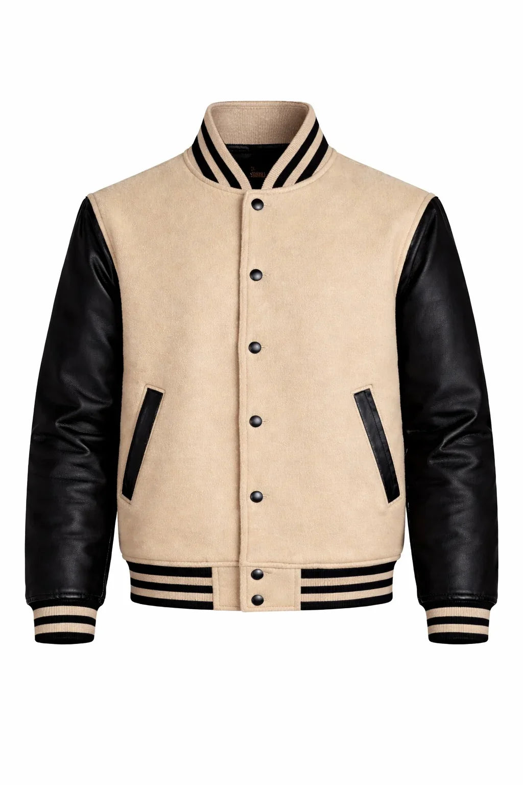 Beige Body Black Sleeve Varsity Jacket – Custom Letterman Streetwear Jacket for Men & Women