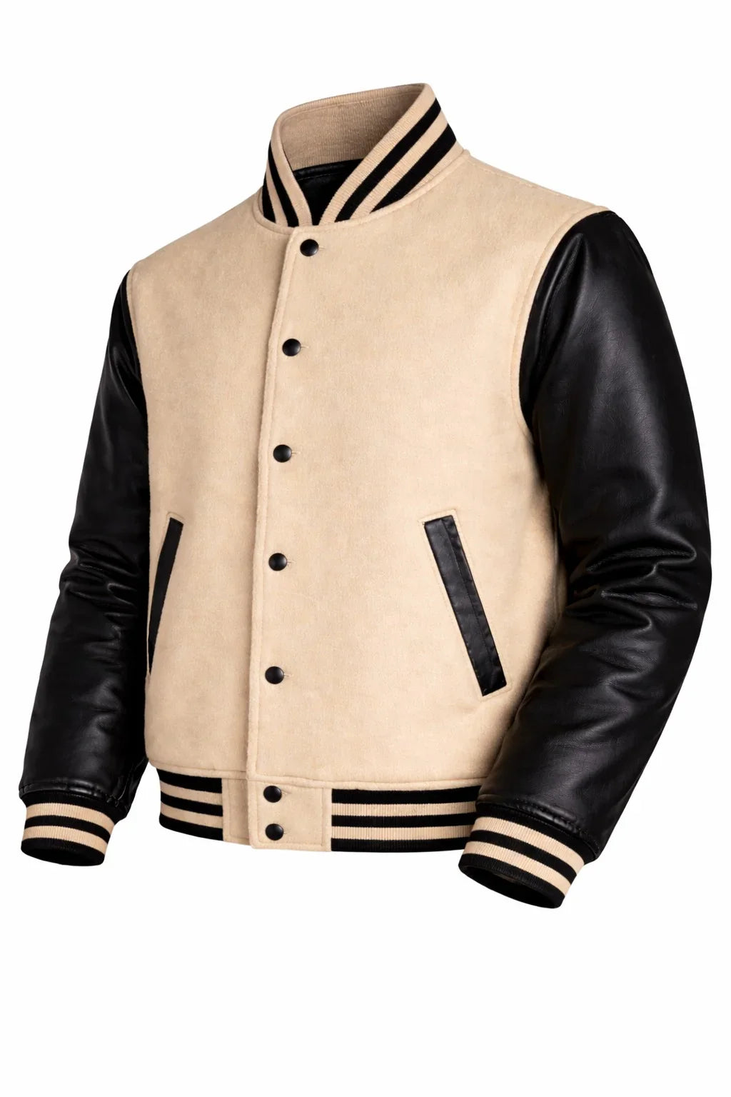 Beige Body Black Sleeve Varsity Jacket – Custom Letterman Streetwear Jacket for Men & Women