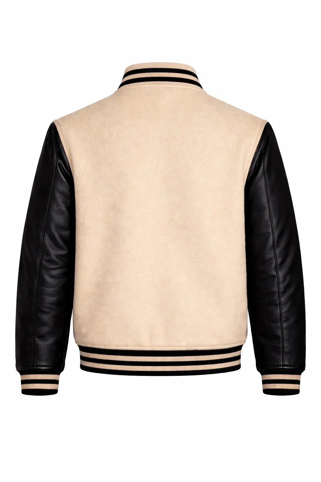 Beige Body Black Sleeve Varsity Jacket – Custom Letterman Streetwear Jacket for Men & Women