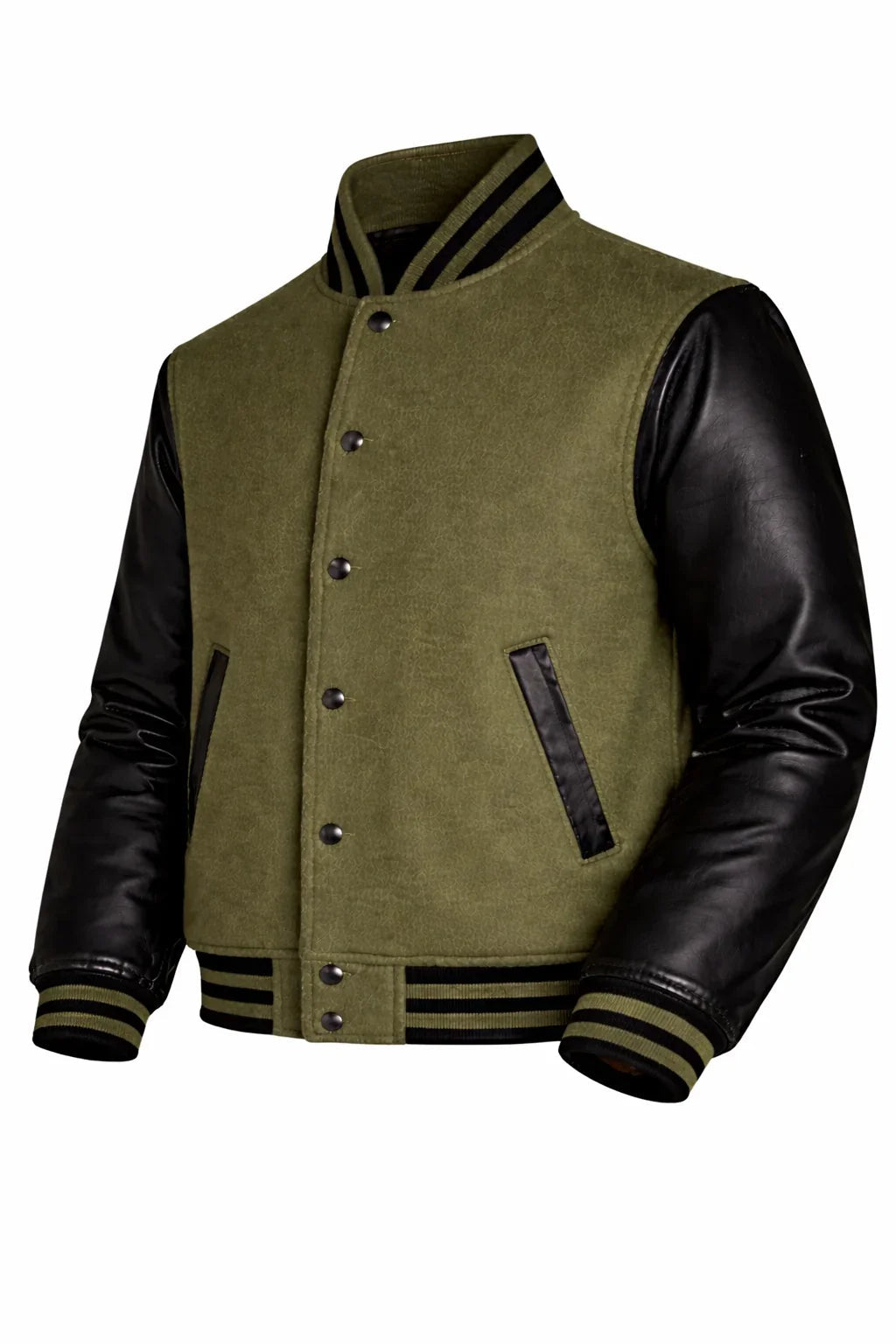 Olive Green Body Black Sleeve Varsity Jacket – Custom Letterman Streetwear Jacket for Men & Women