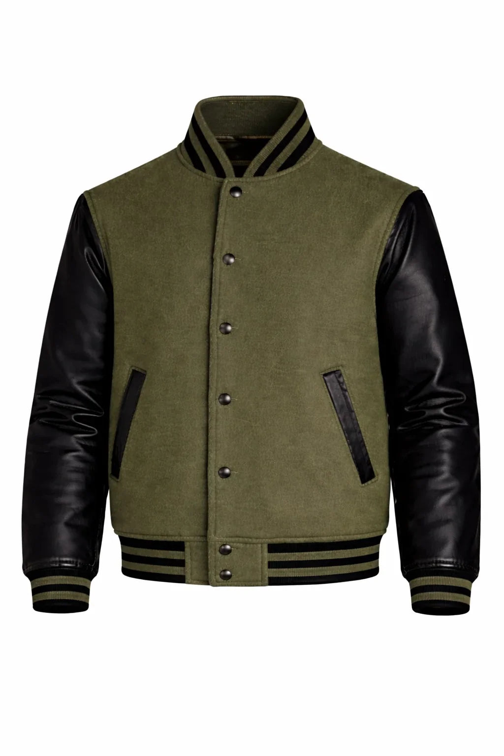 Olive Green Body Black Sleeve Varsity Jacket – Custom Letterman Streetwear Jacket for Men & Women