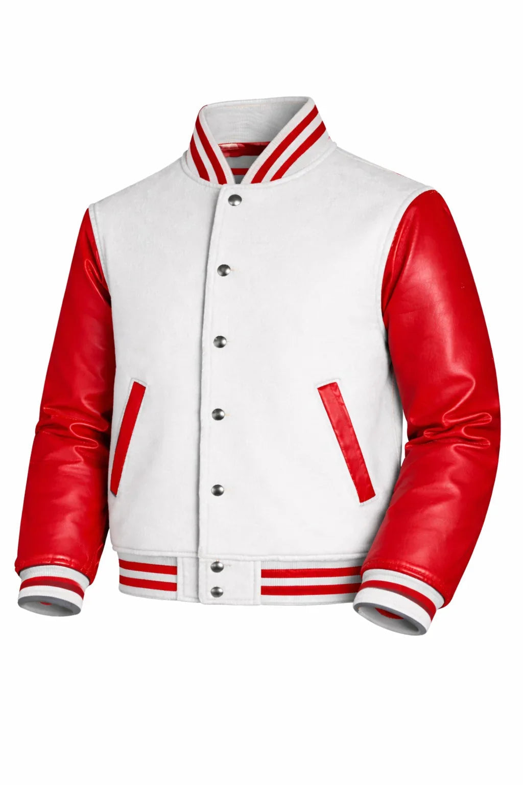 White Body Red Sleeve Varsity Jacket – Custom Letterman Streetwear Jacket for Men & Women