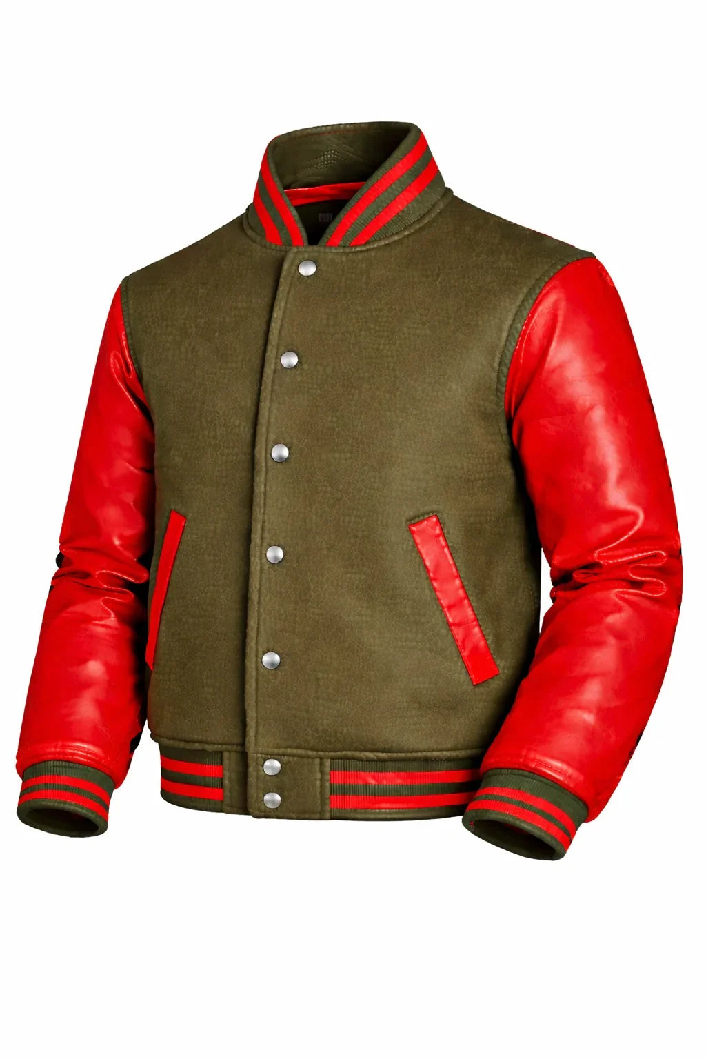 Olive Body Red Sleeve Varsity Jacket – Custom Letterman Streetwear Jacket for Men & Women