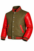 Olive Body Red Sleeve Varsity Jacket – Custom Letterman Streetwear Jacket for Men & Women