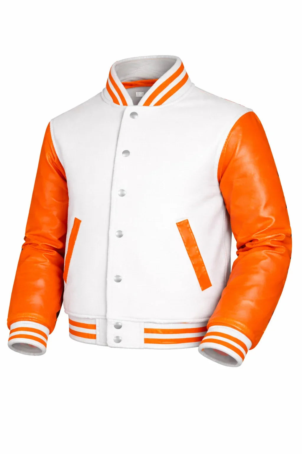 White Body Orange Sleeve Varsity Jacket – Custom Letterman Streetwear Jacket for Men & Women