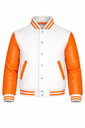 White Body Orange Sleeve Varsity Jacket – Custom Letterman Streetwear Jacket for Men & Women