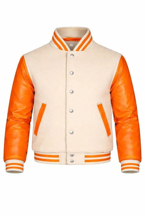 Beige Body Orange Sleeve Varsity Jacket – Custom Letterman Streetwear Jacket for Men & Women