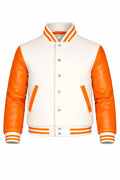 Cream Body Orange Sleeve Varsity Jacket – Custom Letterman Streetwear Jacket for Men & Women