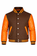 Brown Body Orange Sleeve Varsity Jacket – Custom Letterman Streetwear Jacket for Men & Women