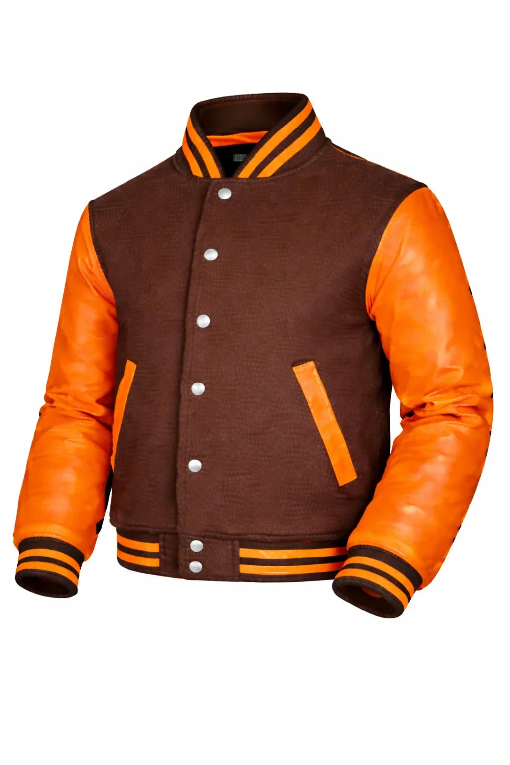 Brown Body Orange Sleeve Varsity Jacket – Custom Letterman Streetwear Jacket for Men & Women