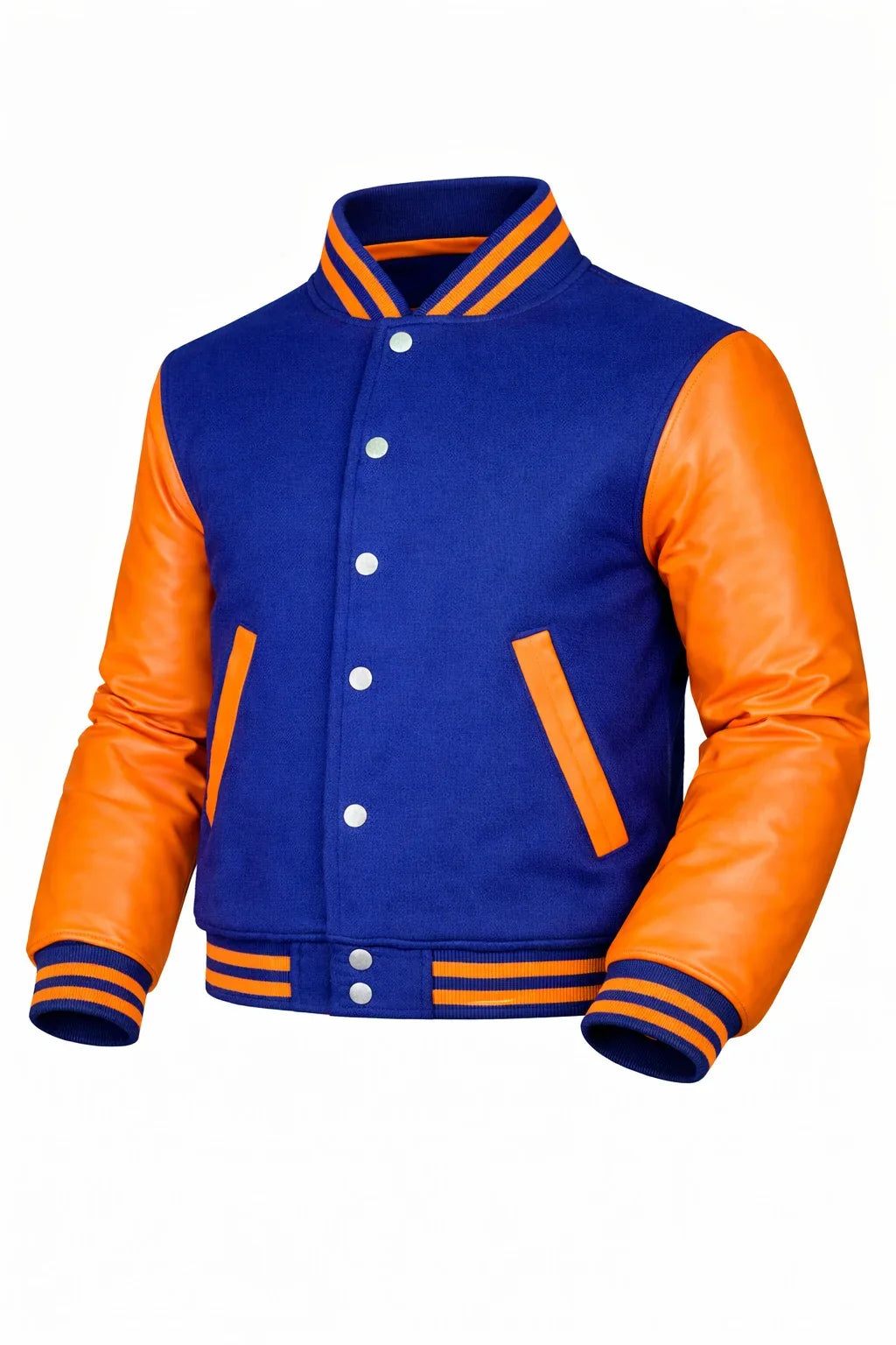 Royal Blue Body Orange Sleeve Varsity Jacket – Custom Letterman Streetwear Jacket for Men & Women