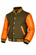 Olive Green Body Orange Sleeve Varsity Jacket – Custom Letterman Streetwear Jacket for Men & Women
