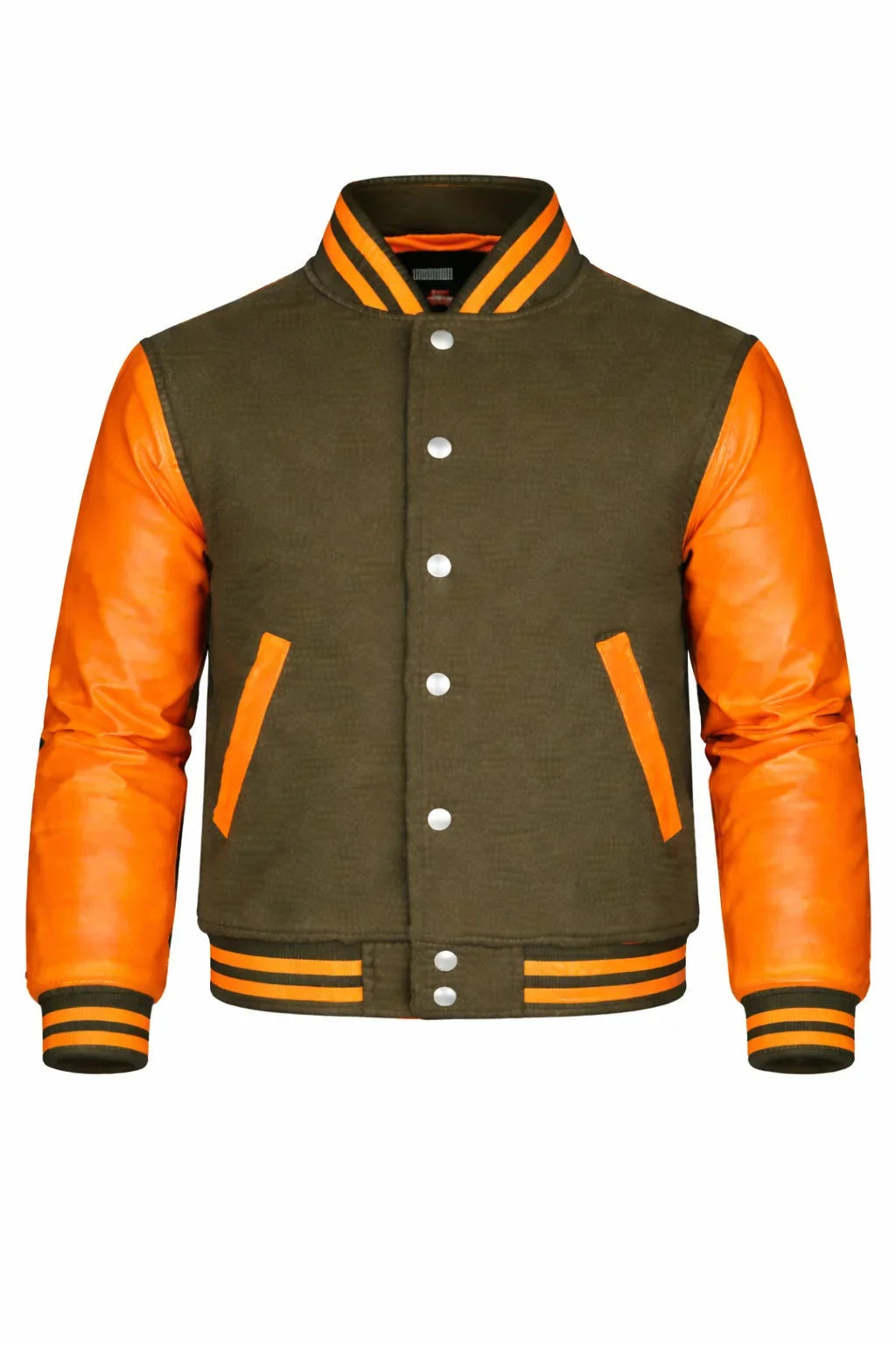 Olive Green Body Orange Sleeve Varsity Jacket – Custom Letterman Streetwear Jacket for Men & Women