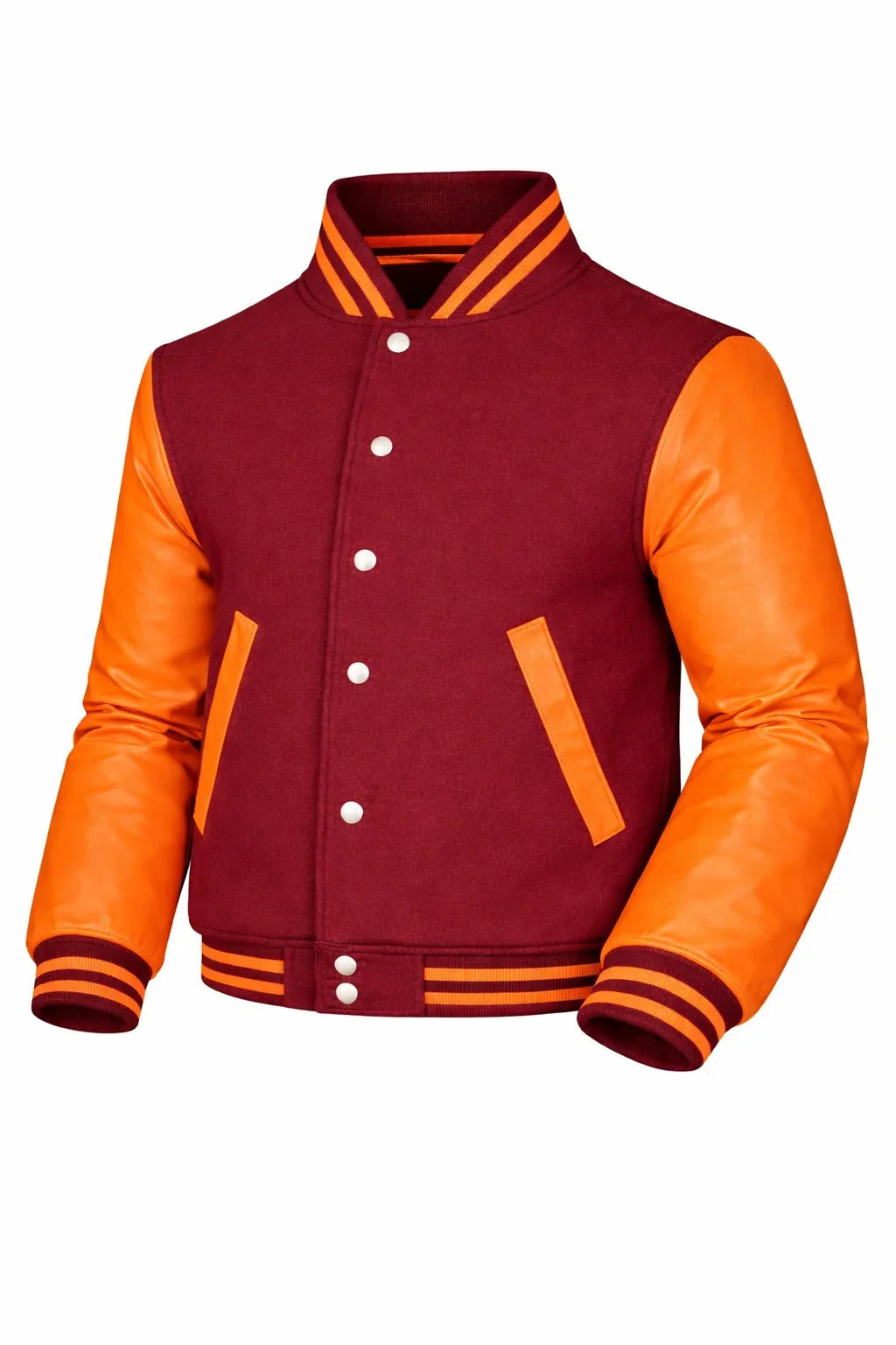Maroon Body Orange Sleeve Varsity Jacket – Custom Letterman Streetwear Jacket for Men & Women