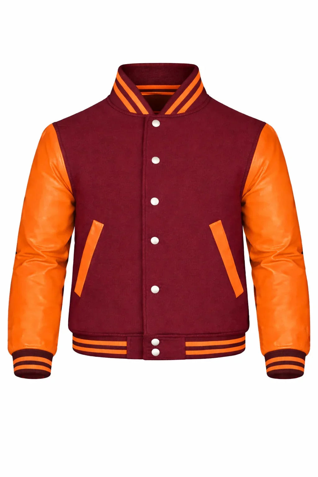 Maroon Body Orange Sleeve Varsity Jacket – Custom Letterman Streetwear Jacket for Men & Women