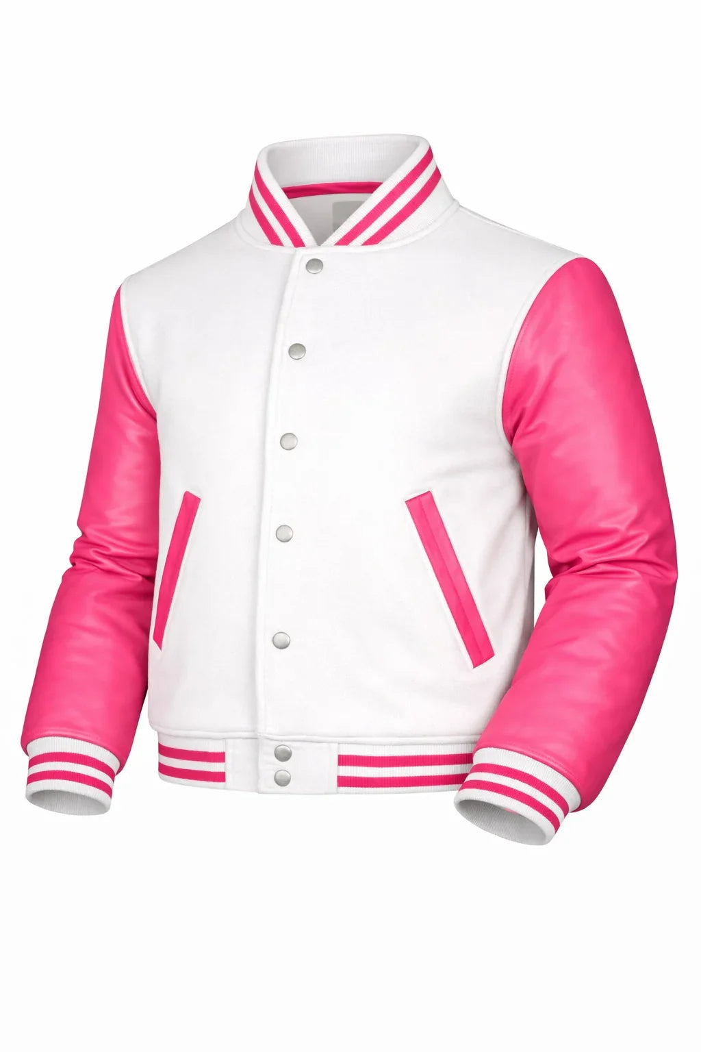 White Body Pink Sleeve Varsity Jacket – Custom Letterman Streetwear Jacket for Men & Women