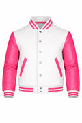 White Body Pink Sleeve Varsity Jacket – Custom Letterman Streetwear Jacket for Men & Women