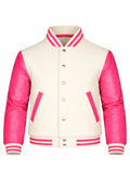 Beige Body Pink Sleeve Varsity Jacket – Custom Letterman Streetwear Jacket for Men & Women