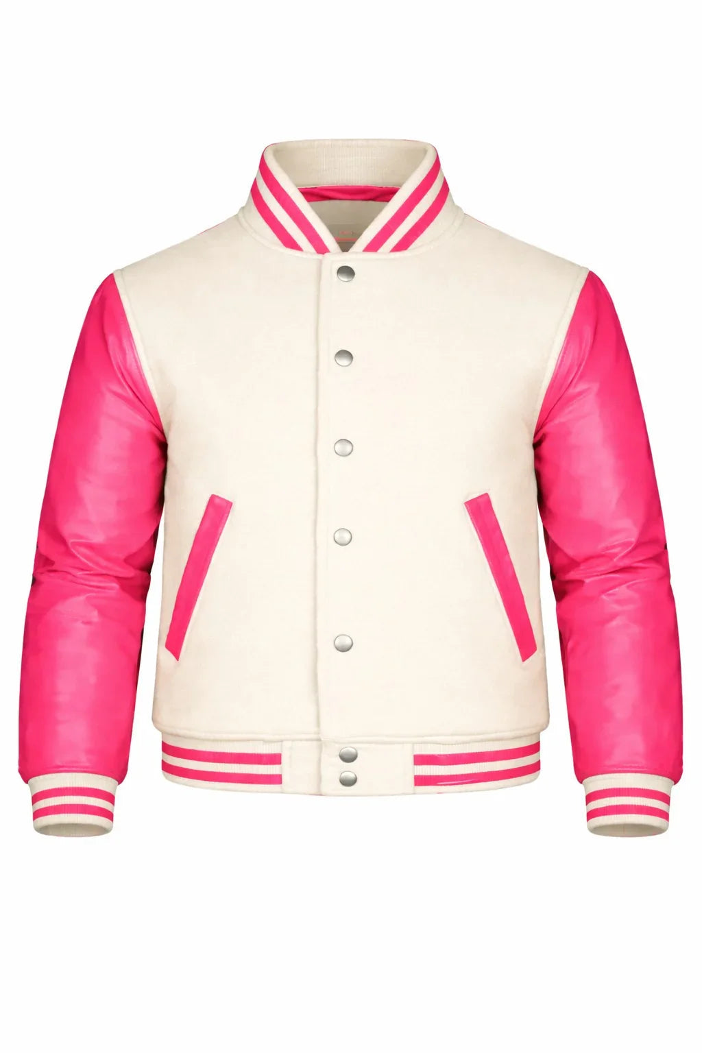 Beige Body Pink Sleeve Varsity Jacket – Custom Letterman Streetwear Jacket for Men & Women