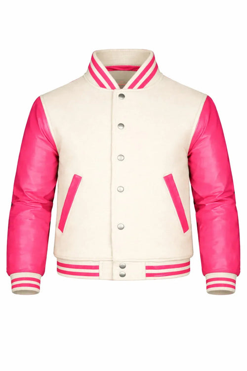Beige Body Pink Sleeve Varsity Jacket – Custom Letterman Streetwear Jacket for Men & Women