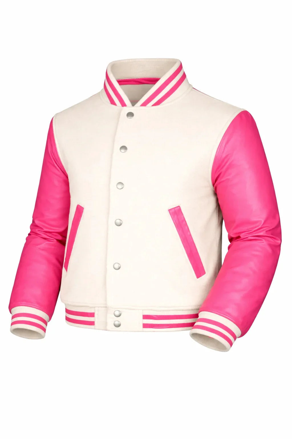 Beige Body Pink Sleeve Varsity Jacket – Custom Letterman Streetwear Jacket for Men & Women