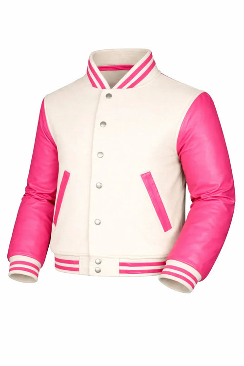 Beige Body Pink Sleeve Varsity Jacket – Custom Letterman Streetwear Jacket for Men & Women